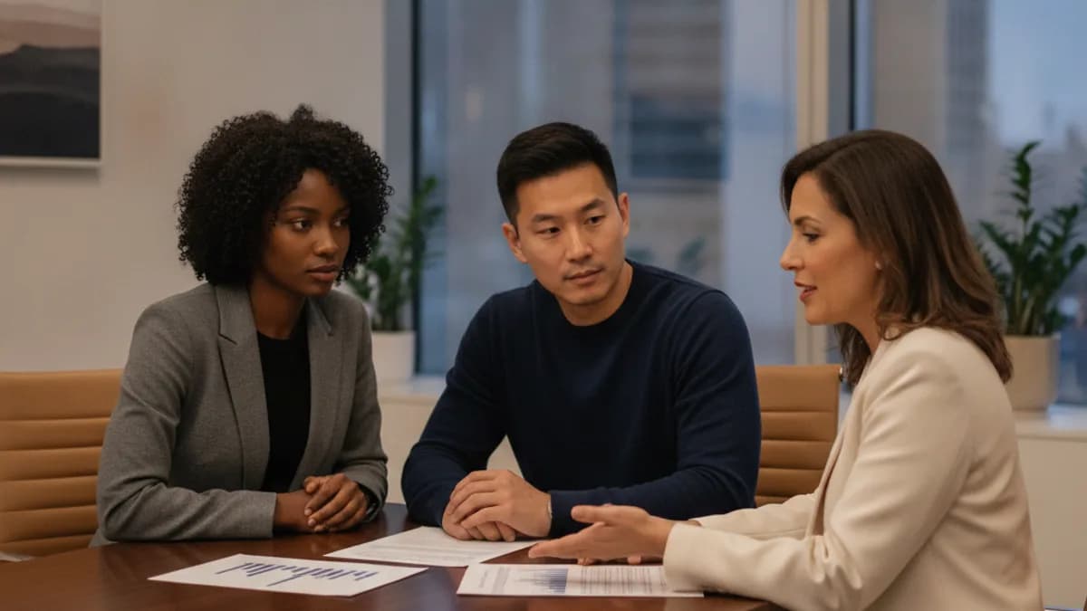 A diverse couple meets with a bankruptcy attorney in a modern office, discussing financial documents with a thoughtful expression.