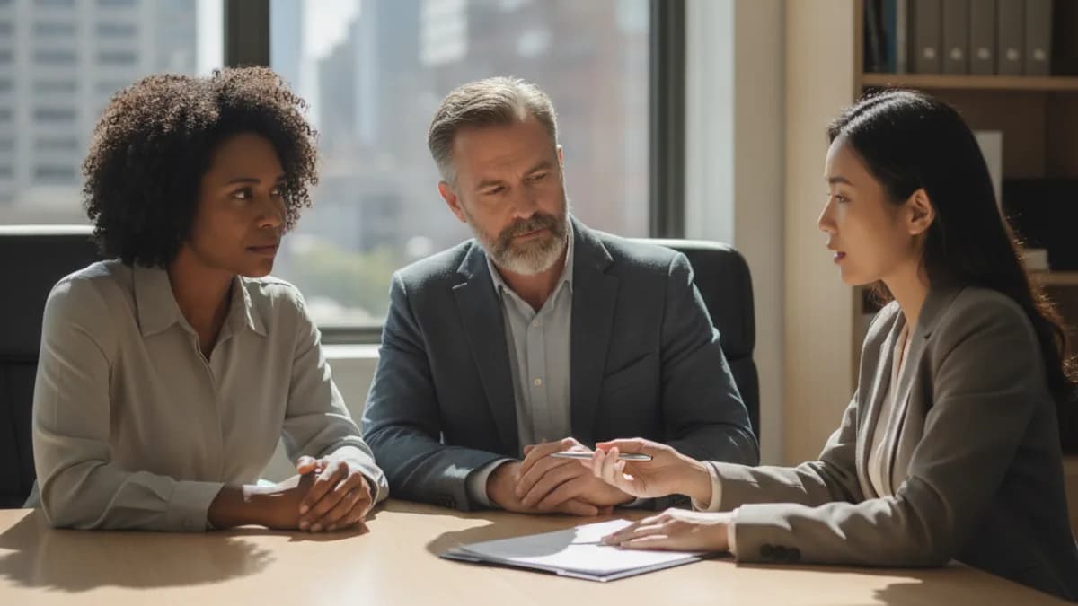 Diverse couple consults with an attorney in a modern office about estate planning documents, looking serious and attentive.