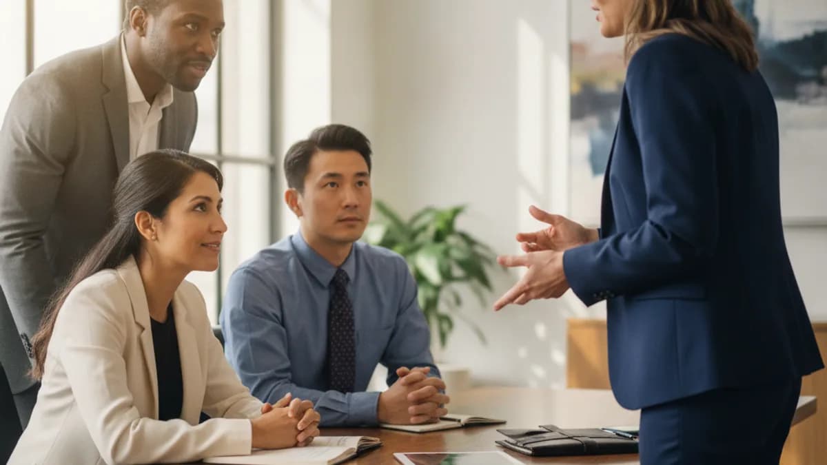 Diverse business partners consult with their attorney about a buy-sell agreement in a modern law office.