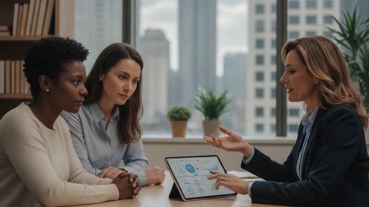 A diverse family consults with a bankruptcy attorney in a modern office, reviewing documents on a tablet.