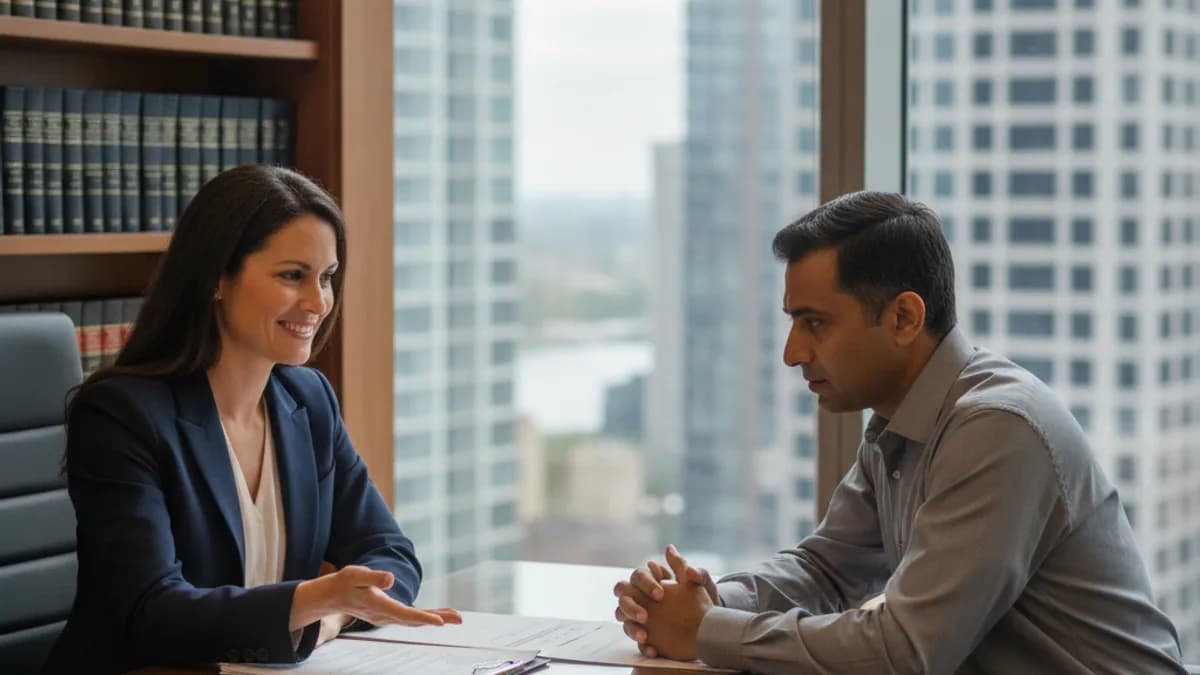 An attorney discusses legal documents with a client in a modern office, focusing on shared fault in a personal injury case.