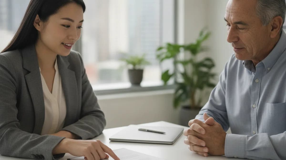 Un abogado compasivo de origen asiático oriental revisa documentos con un cliente hispano mayor en una oficina moderna, discutiendo la discapacidad del Seguro Social.