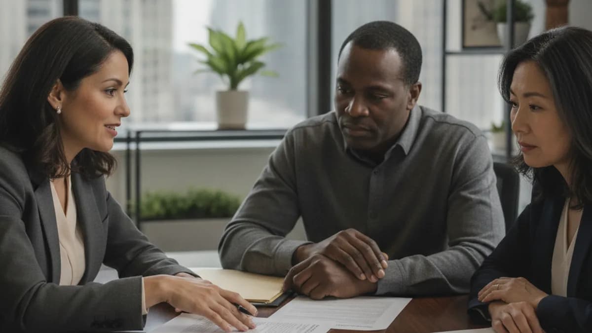 Attorney explains disability review documents to a diverse couple in a modern office.