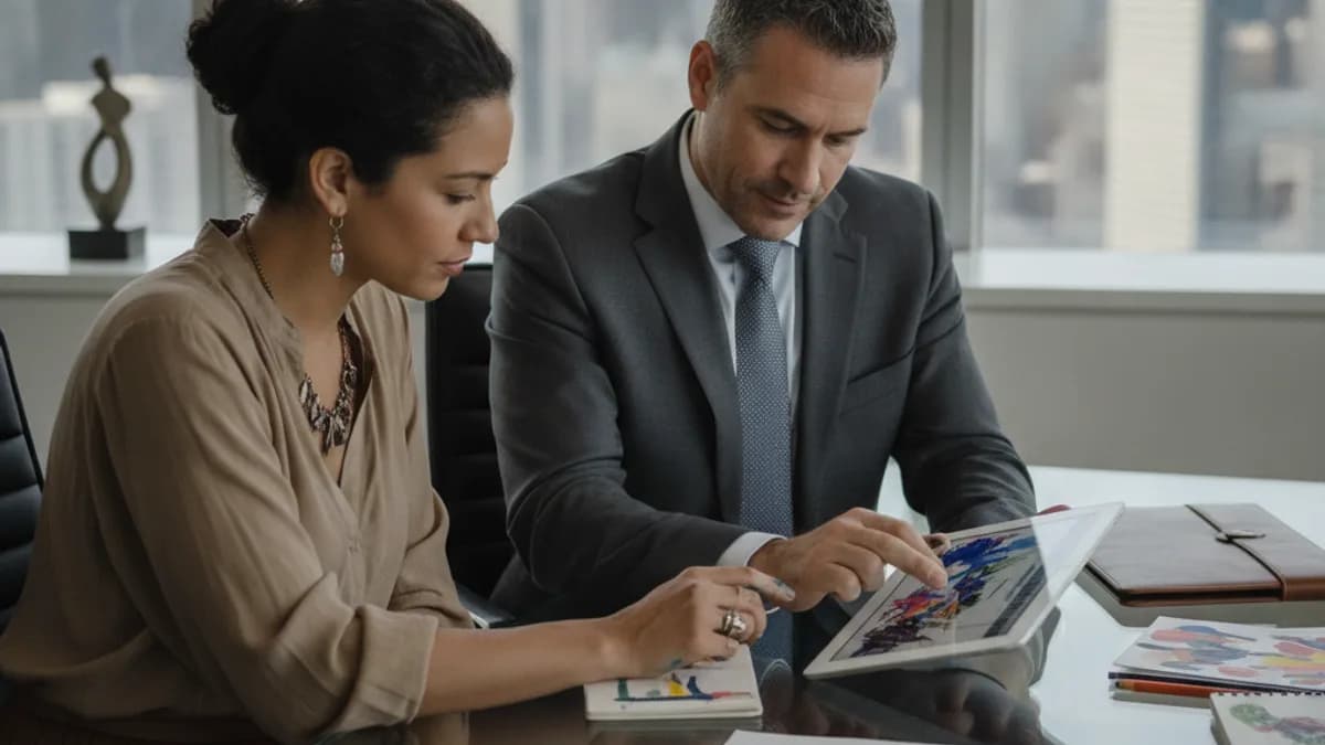 Attorney and client discussing intellectual property in a modern office, reviewing documents on a tablet.