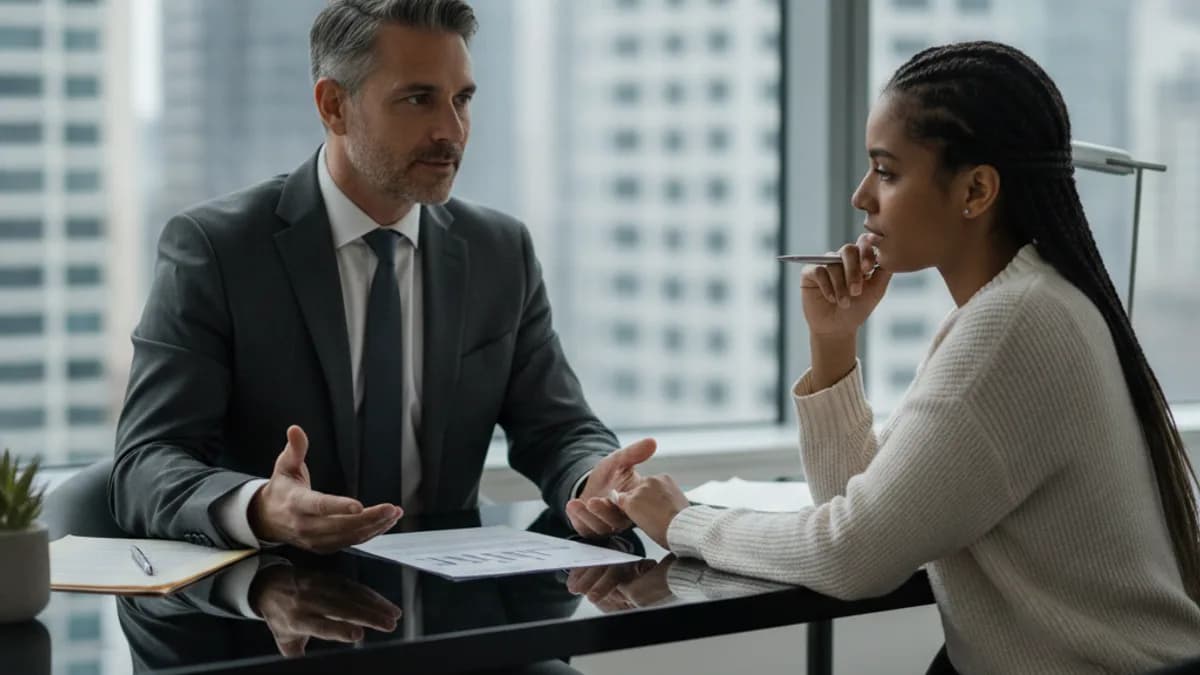 Attorney explains fee structure to a client in a modern law office.