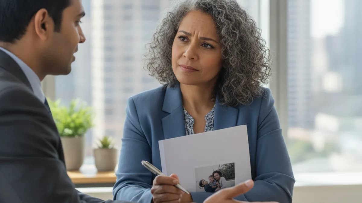 Attorney (male, diverse) explains legal rights to a client (female, diverse) in a modern, sunlit law office.