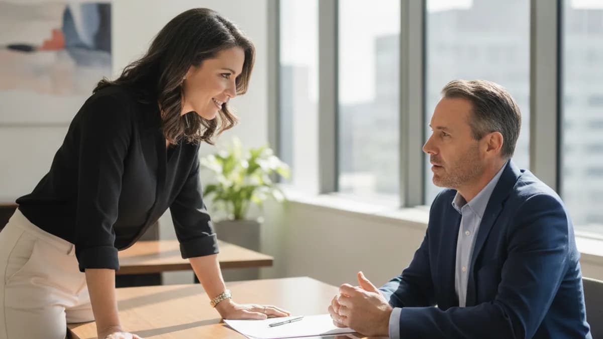 A diverse female attorney actively listens to a male client in a bright, modern law office, fostering a reassuring atmosphere.
