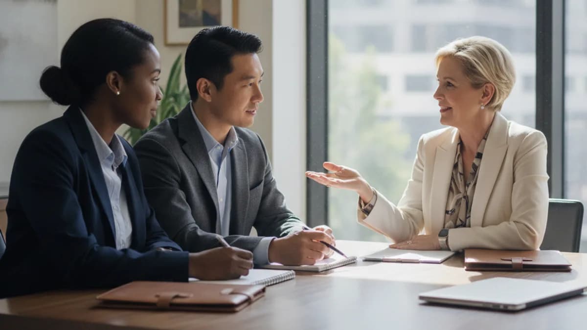 A diverse couple consults with a female attorney in a modern office, discussing estate planning documents.