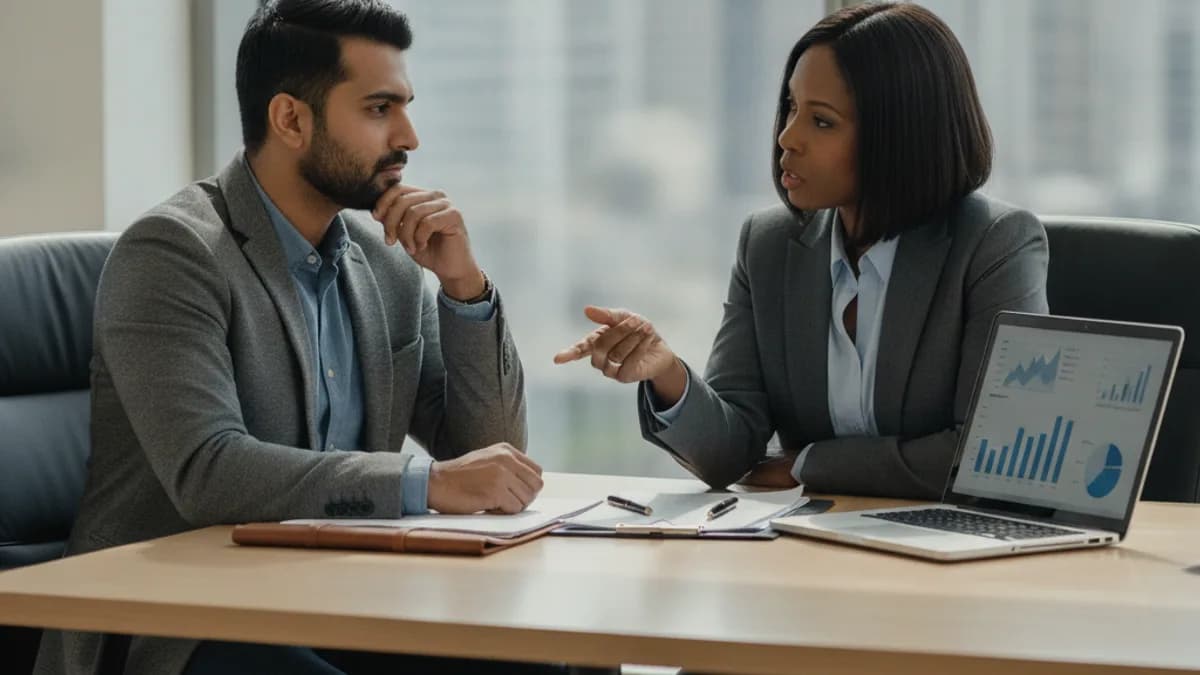 Attorney explains worker classification nuances to a thoughtful business owner in a modern office.