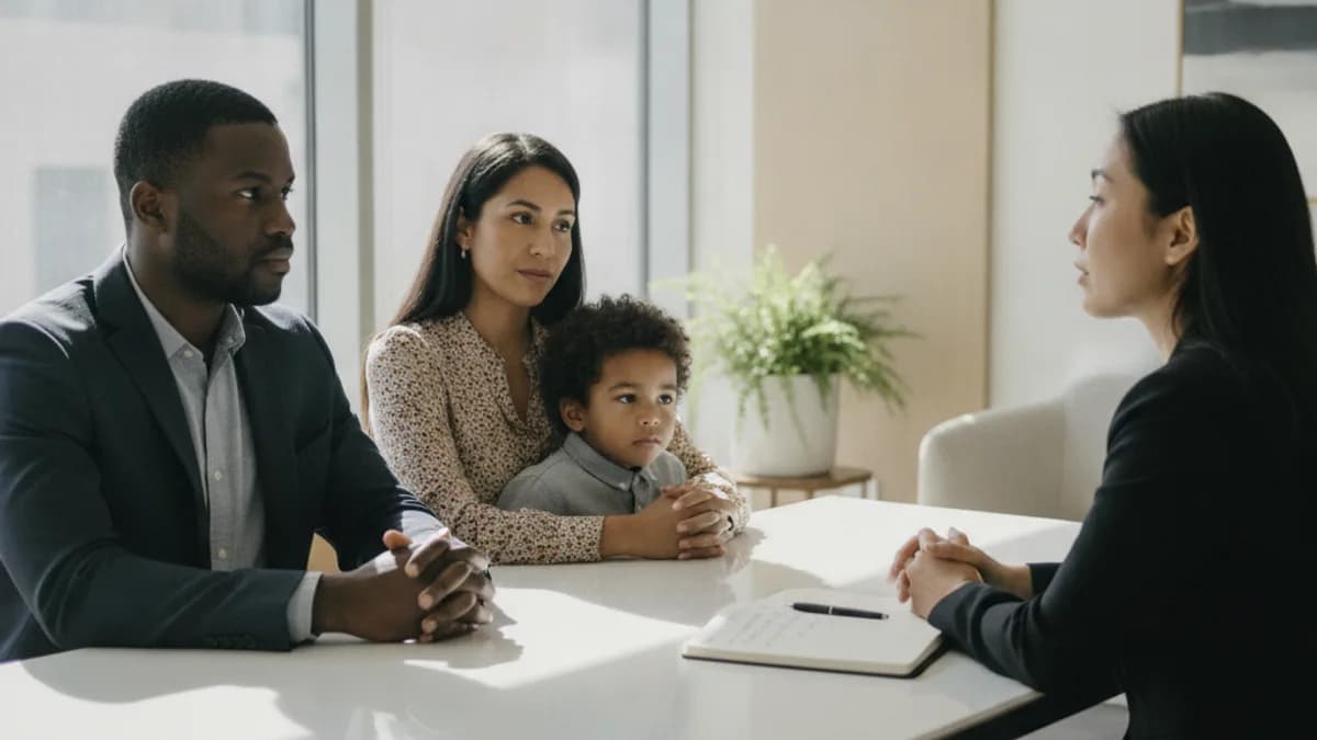 Una familia diversa (padre, madre, hijo) consulta con una atenta abogada en una oficina legal moderna y luminosa.