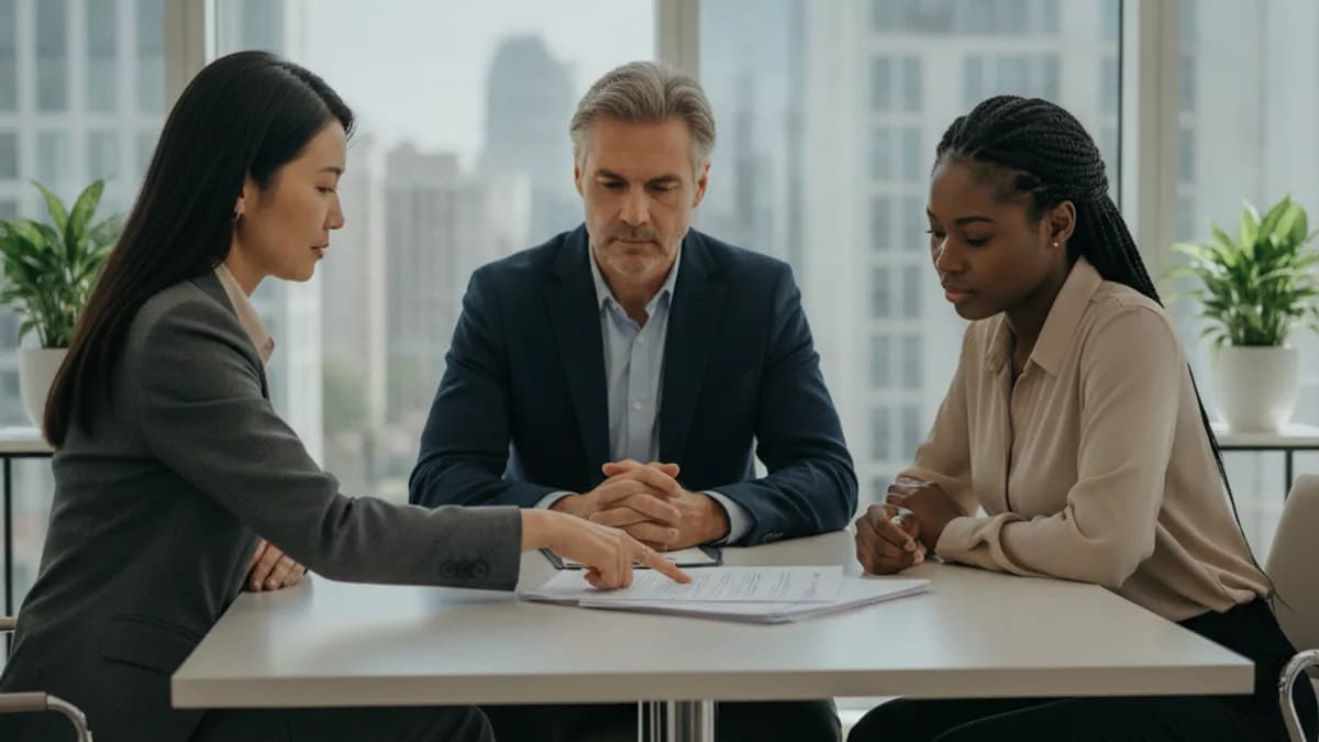 Diverse attorney advises executor and family in a modern office, discussing general estate documents.