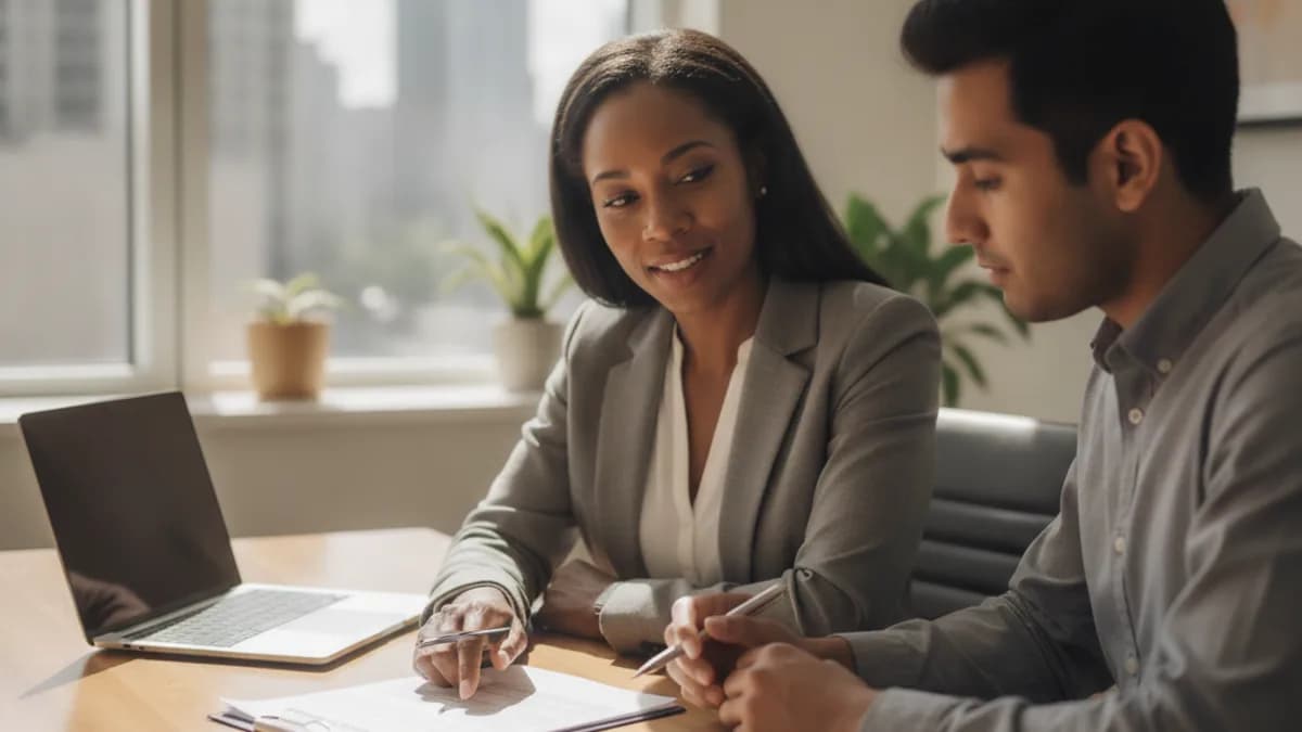 An African American immigration attorney explains documents to a South Asian client in a modern law office.