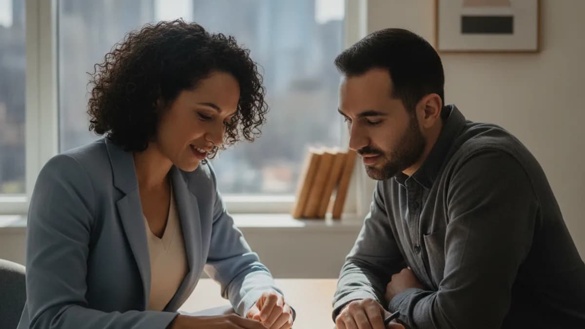 An immigration attorney consults with a male client in a modern office, discussing H-1B visa requirements.