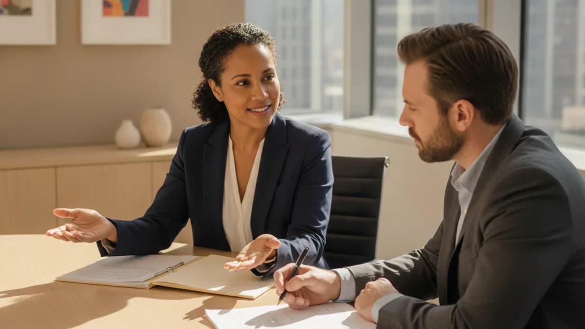 A female attorney and a male client discuss a personal injury claim at a modern conference table in a sunlit law office.