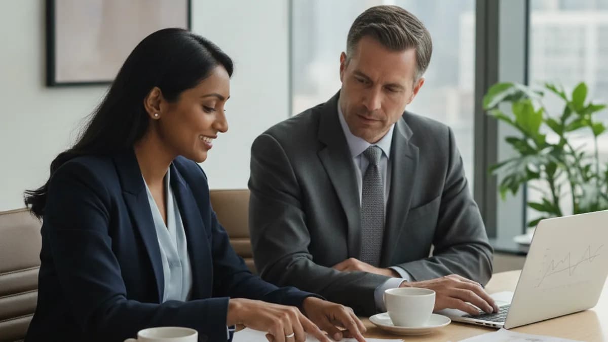 Una empresaria diversa consulta con su abogado de negocios en una oficina moderna, revisando documentos y discutiendo estrategias legales.