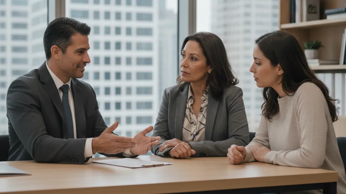 An attorney explains legal fees to a diverse female client and her adult daughter in a modern, well-lit law office.