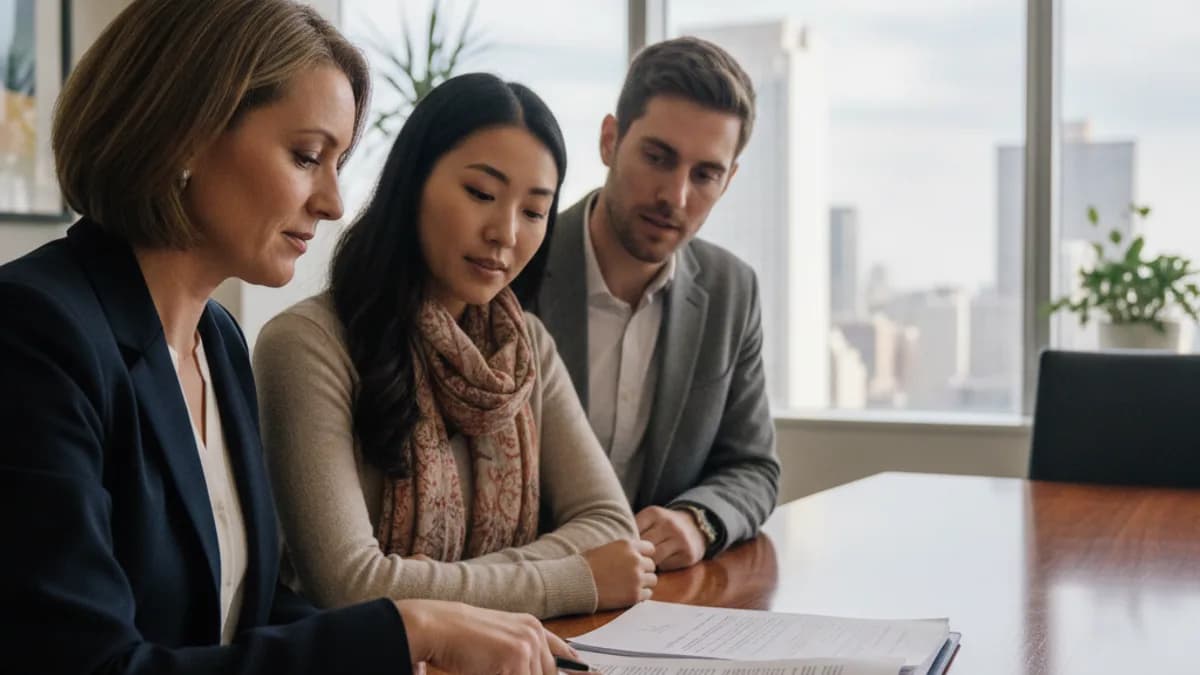 Diverse couple discusses closing documents with a real estate lawyer in a modern office, reviewing paperwork.