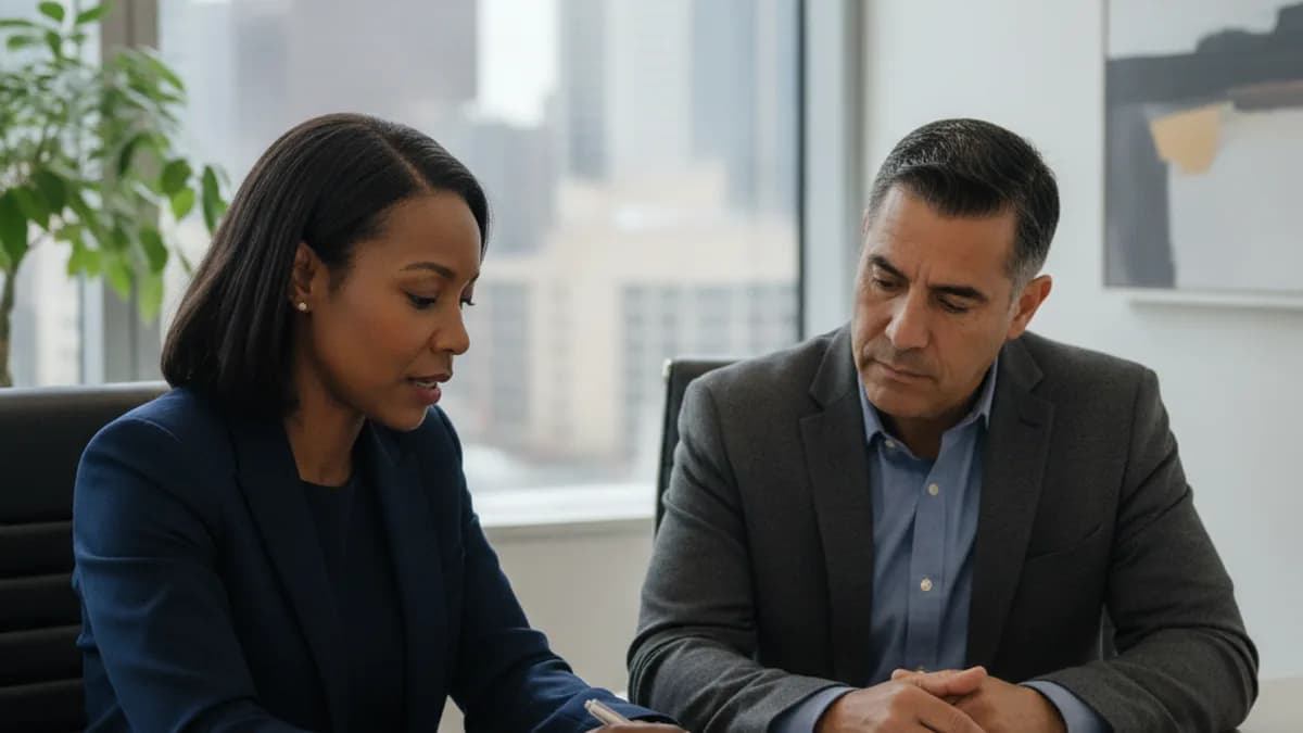 Tax attorney and client review documents in a modern office, discussing tax strategies and potential IRS issues.
