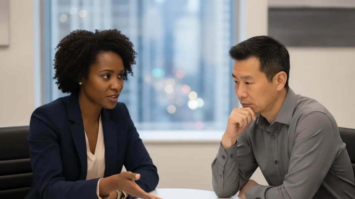 A diverse female trademark attorney explains costs to a male client in a modern office, pointing to a tablet.