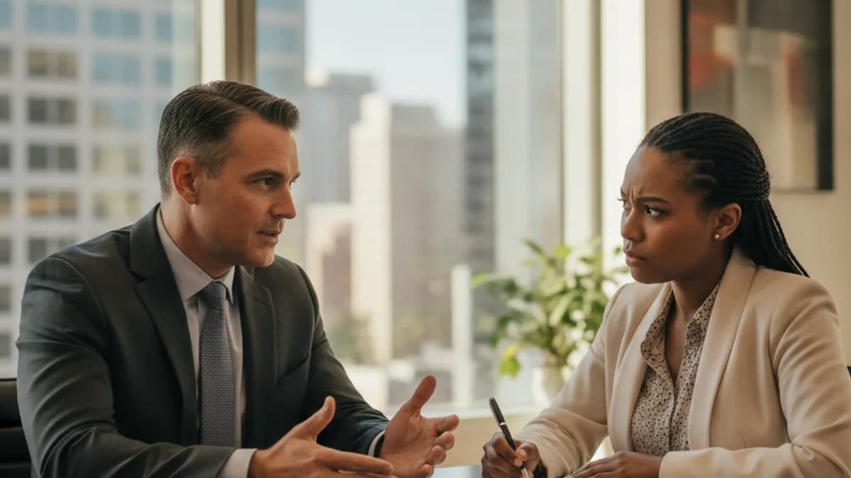 An employment lawyer explains wrongful termination legal options to a client in a modern, well-lit office.