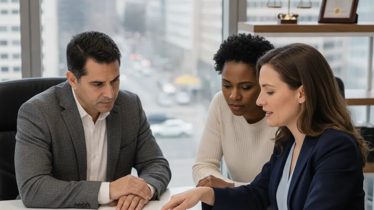 Attorney explains bankruptcy filing fees and costs to a diverse couple in a modern, well-lit office, reviewing documents.