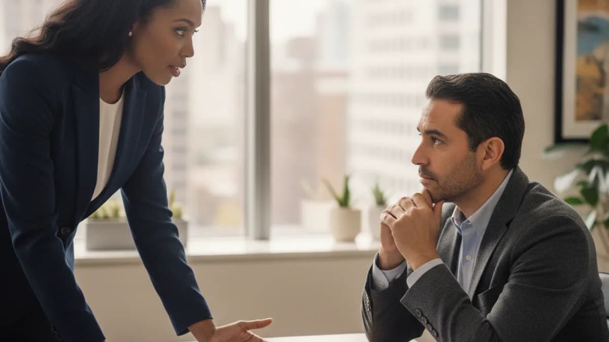 A Black female attorney listens empathetically to a Hispanic male client in a modern, sunlit office during a legal consultation.