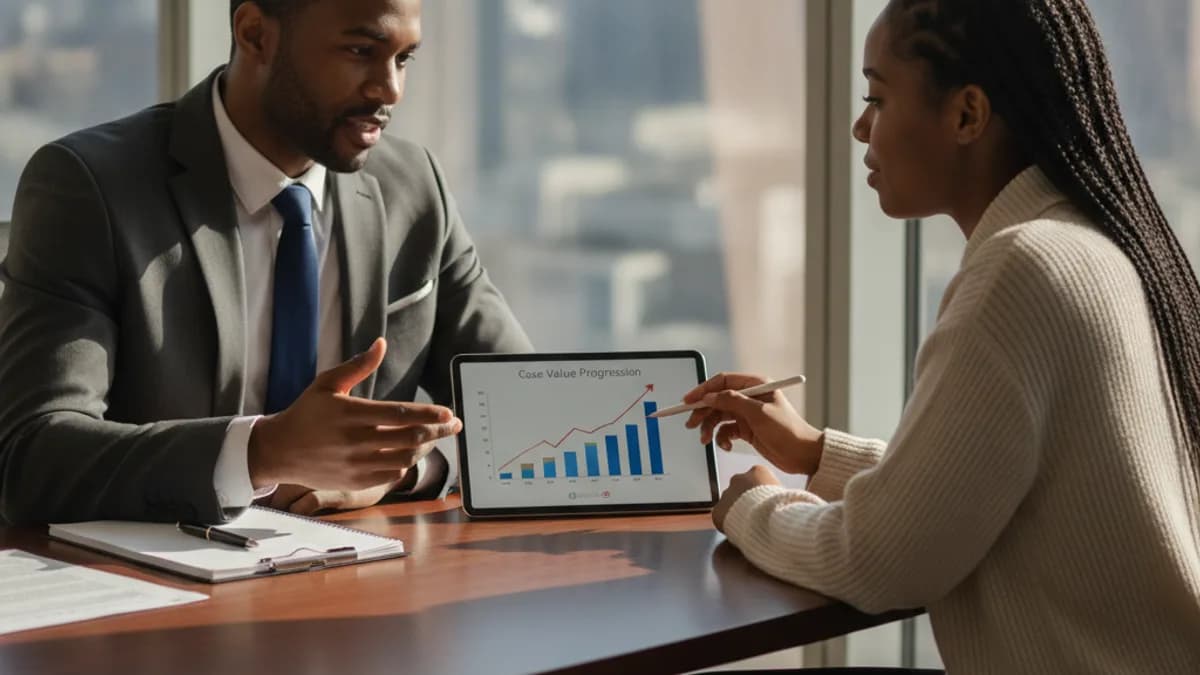 Attorney and client review case details on a tablet in a modern law office.
