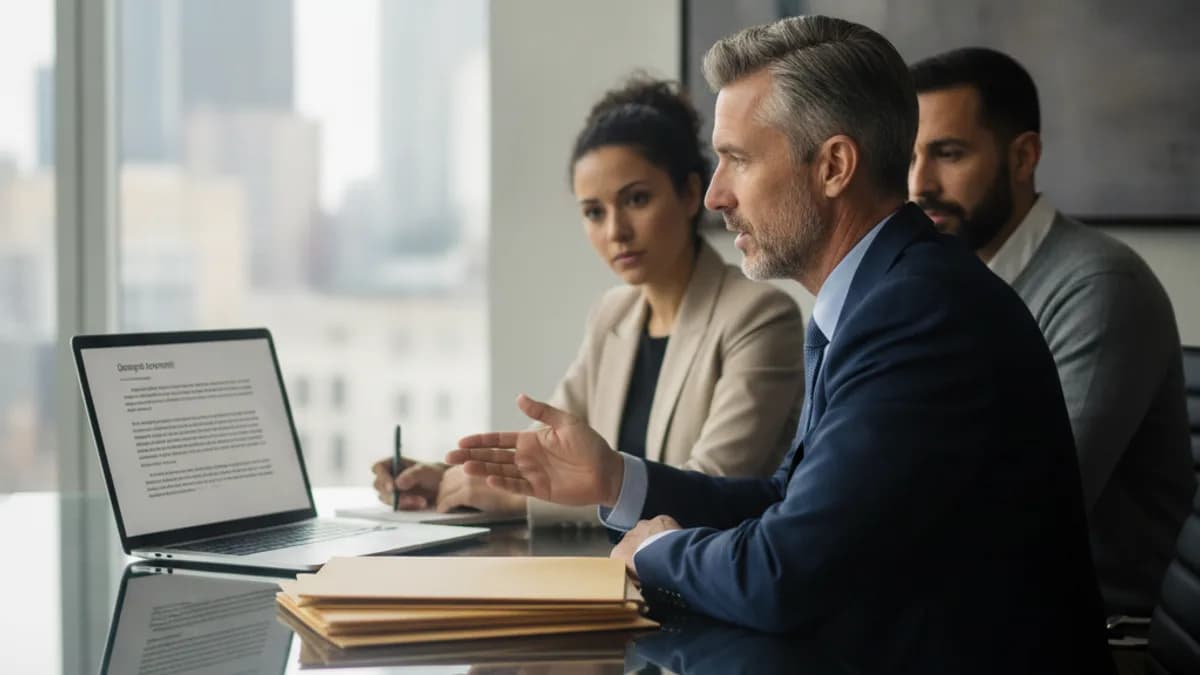 Diverse attorney consults with a couple about the legal aspects of buying a small business in a modern office.