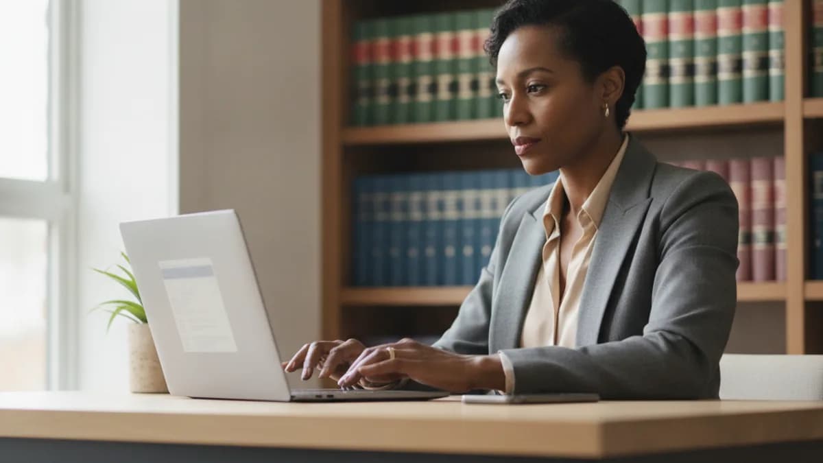 A Black woman diligently researching a lawyer's credentials on a laptop in a modern home office.