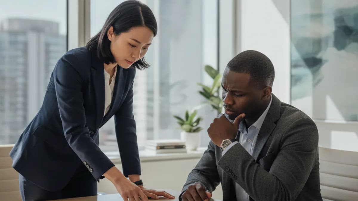 An attorney explains judgment collection strategies to a client in a modern office, pointing at a document on the table.