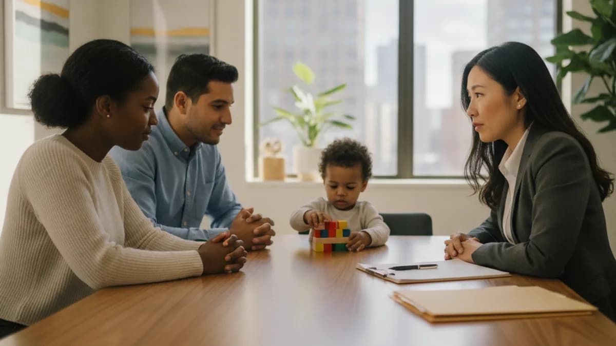 Diverse couple with toddler meets with a family law attorney in a modern office to discuss paternity.