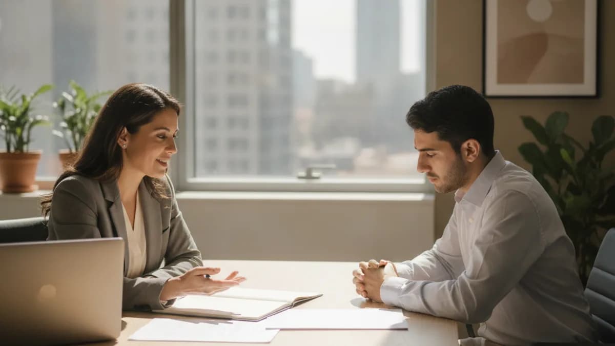 An immigration attorney, a Latina woman, explains documents to a young male client in a modern office.