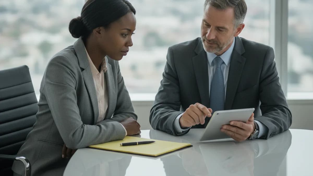 Client consults with an attorney in a modern office, discussing legal options for an EEOC complaint.
