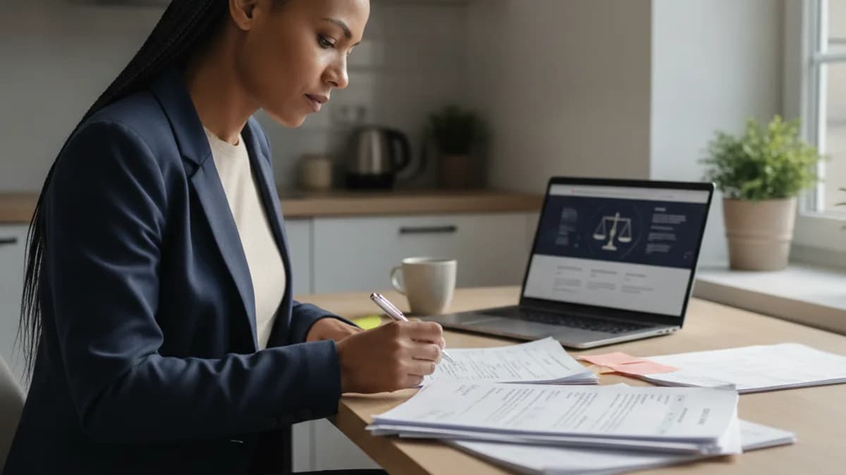 A woman reviews legal forms and notes at her kitchen table, a laptop open in the background, preparing a small claims case.