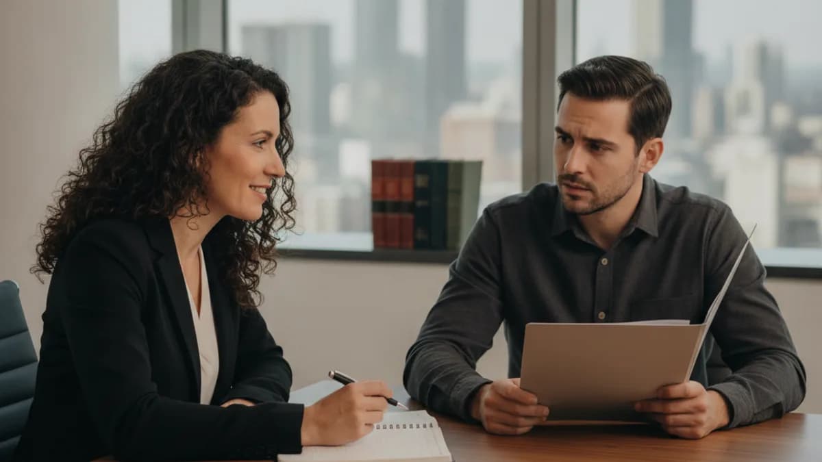 An empathetic female attorney listens attentively to a male client in a modern, sunlit law office.