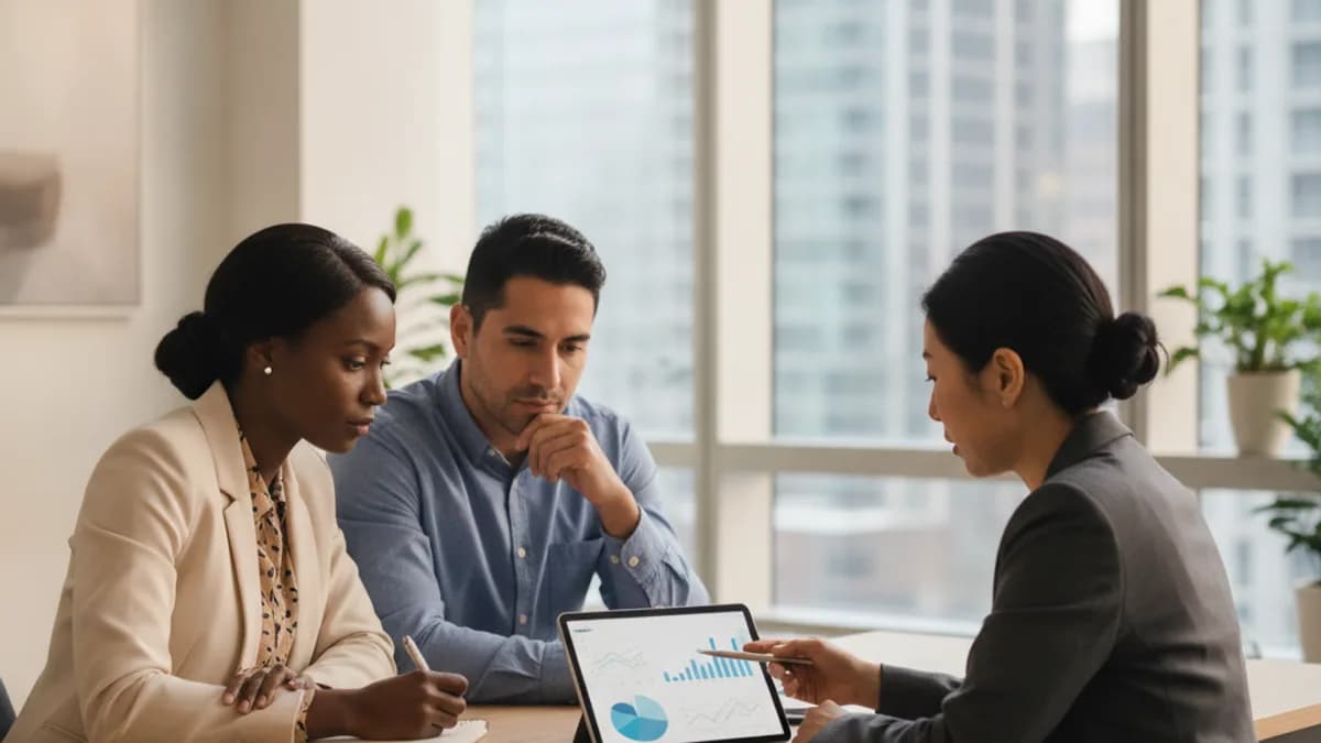 Diverse couple consults a financial advisor in a bright, modern office, reviewing documents to rebuild credit.