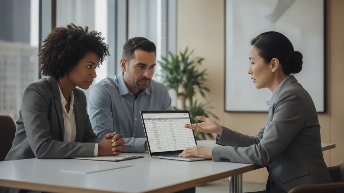 A diverse couple consults with a professional tax attorney in a modern office, discussing important financial documents.