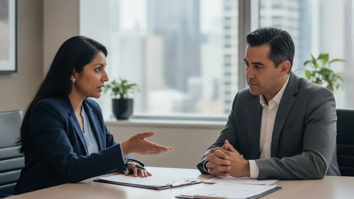 Attorney and client discuss legal documents in a modern office, planning a demand letter strategy.