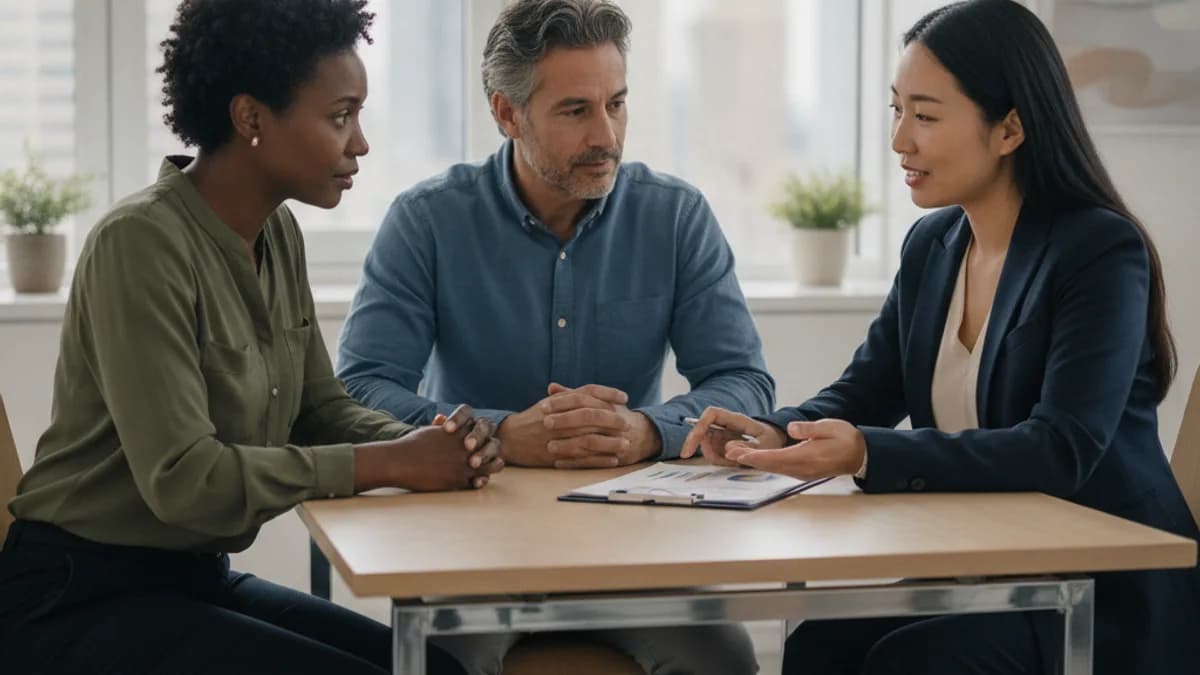 A diverse couple consults a tax professional in a modern office, discussing financial documents.