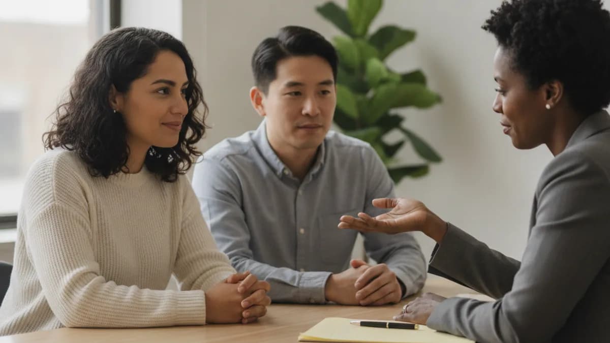 A diverse couple consults with an immigration attorney in a modern office, discussing their marriage green card application.