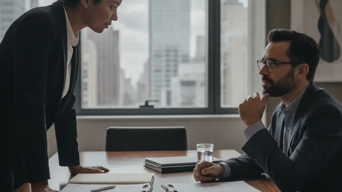 A diverse female attorney listens intently to a male client across a conference table in a modern law office, discussing a personal injury claim.