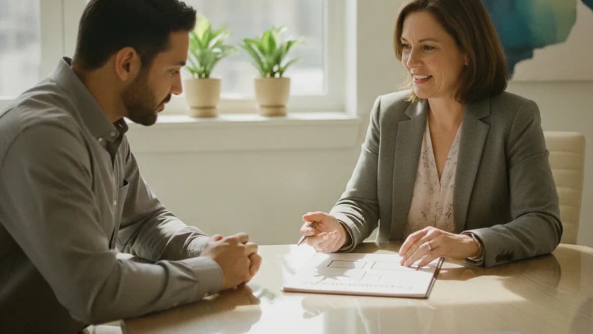 A female attorney explains contingency fees to a male client in a modern office, using a legal pad for illustration.