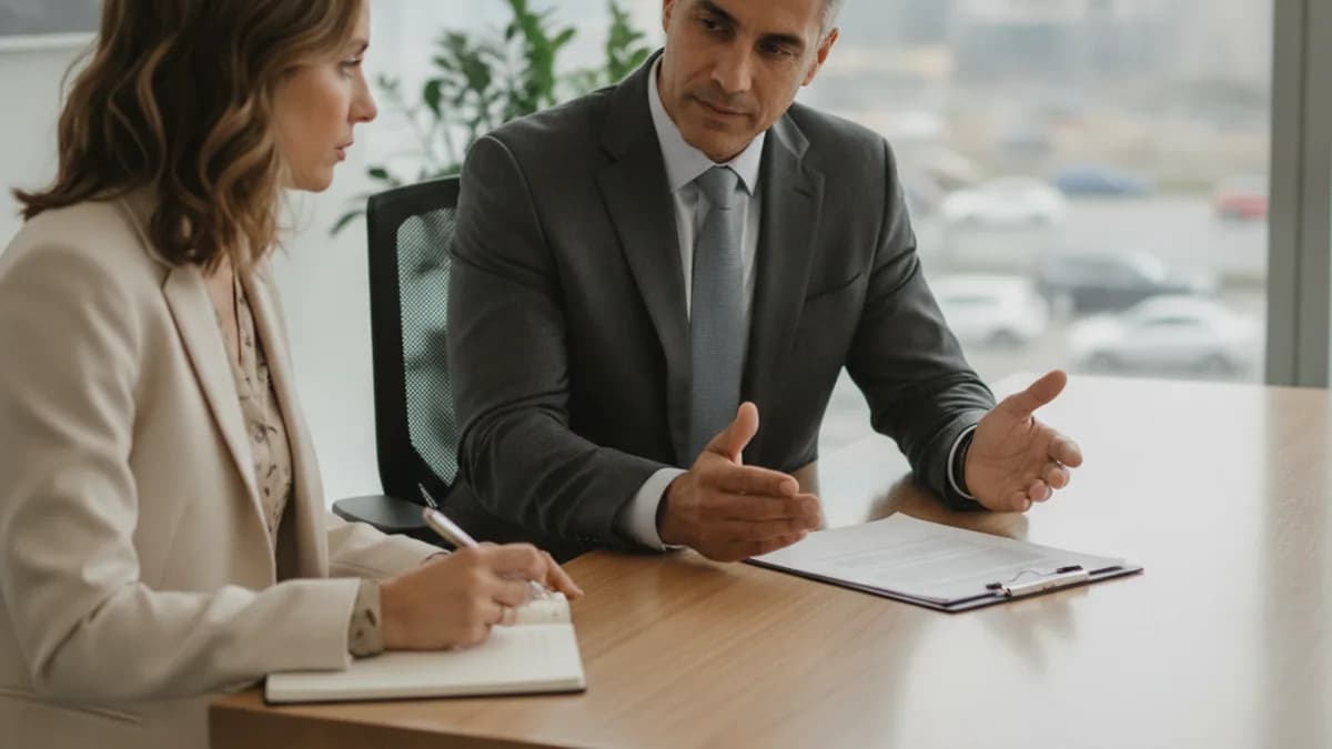 Attorney explains legal options to a client in a modern office, emphasizing the urgency of a personal injury claim.