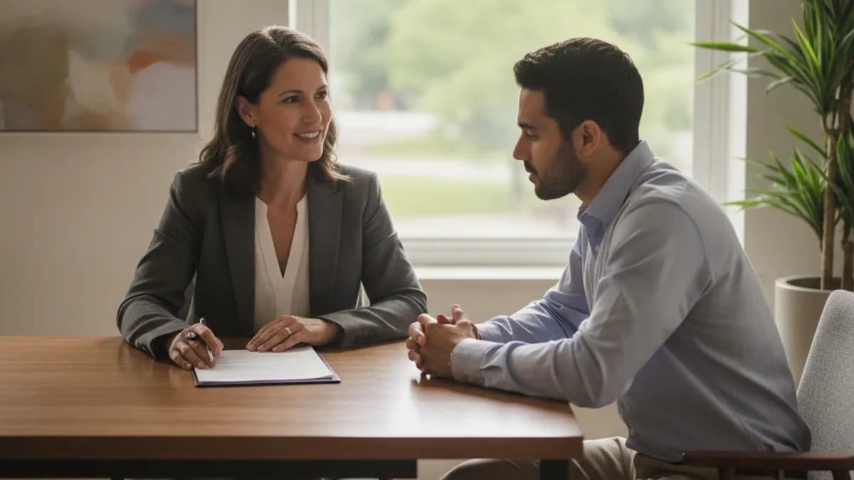 Abogada diversa consulta con cliente masculino en una oficina legal moderna y soleada, discutiendo documentos.