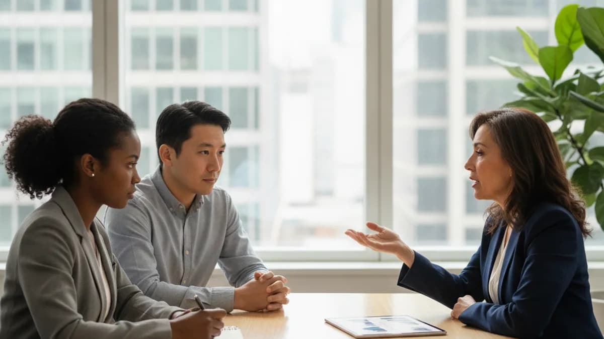 A diverse couple consults with their attorney in a modern office, discussing real estate law.
