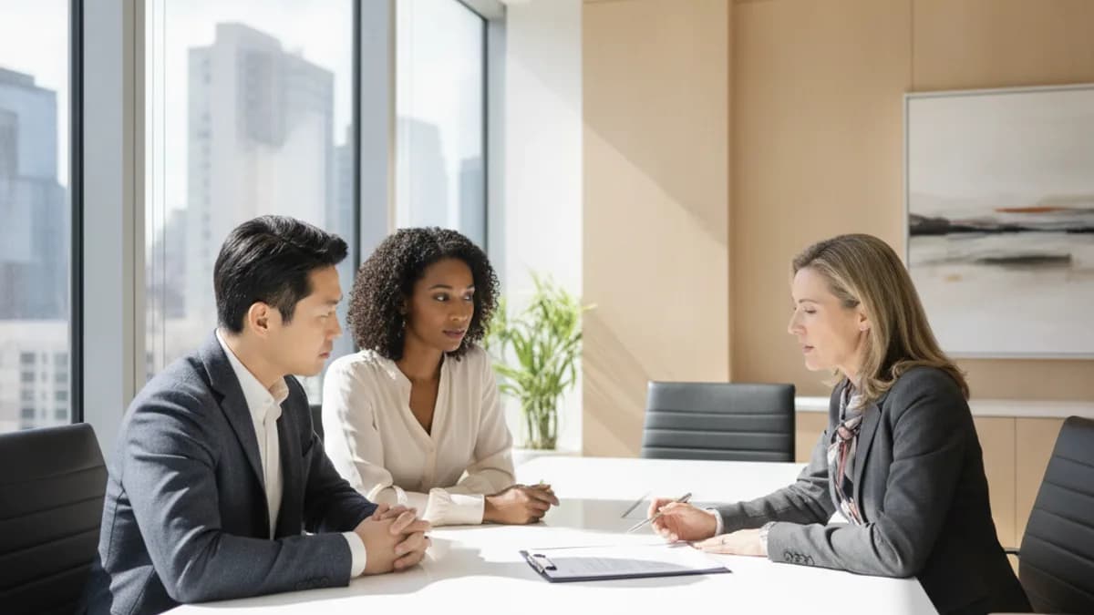 Diverse couple consults with a real estate attorney in a modern office, reviewing seller disclosure documents.