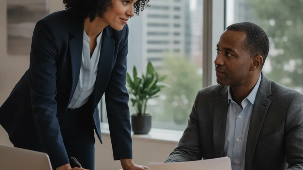 Attorney and client discussing paperwork in a modern office, a laptop and generic documents on the table.