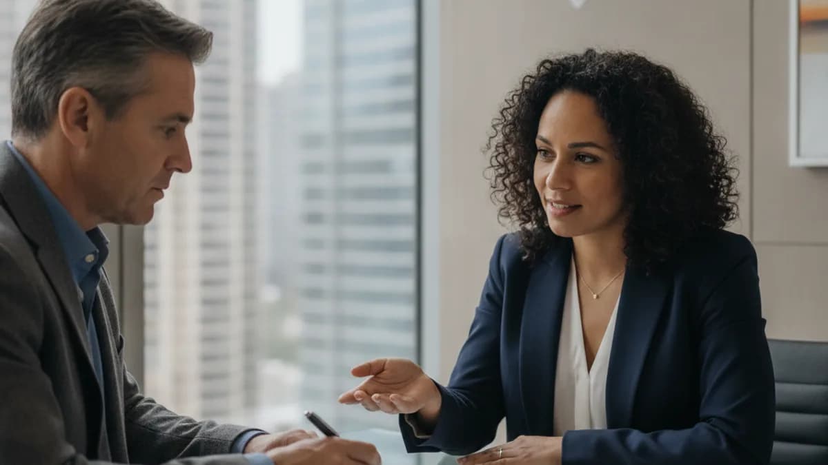Attorney and client review documents in a modern office, discussing important legal terms.