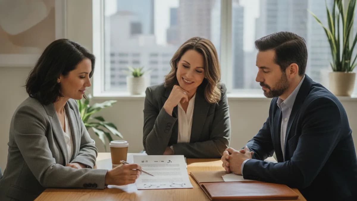 Diverse attorney explains settlement details to a thoughtful couple in a modern office.