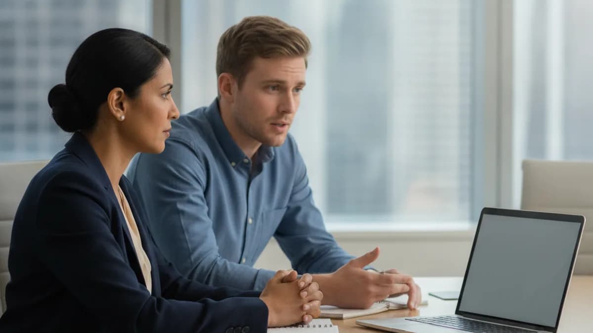 An attorney listens intently to a male client across a modern conference table, discussing complex financial matters.